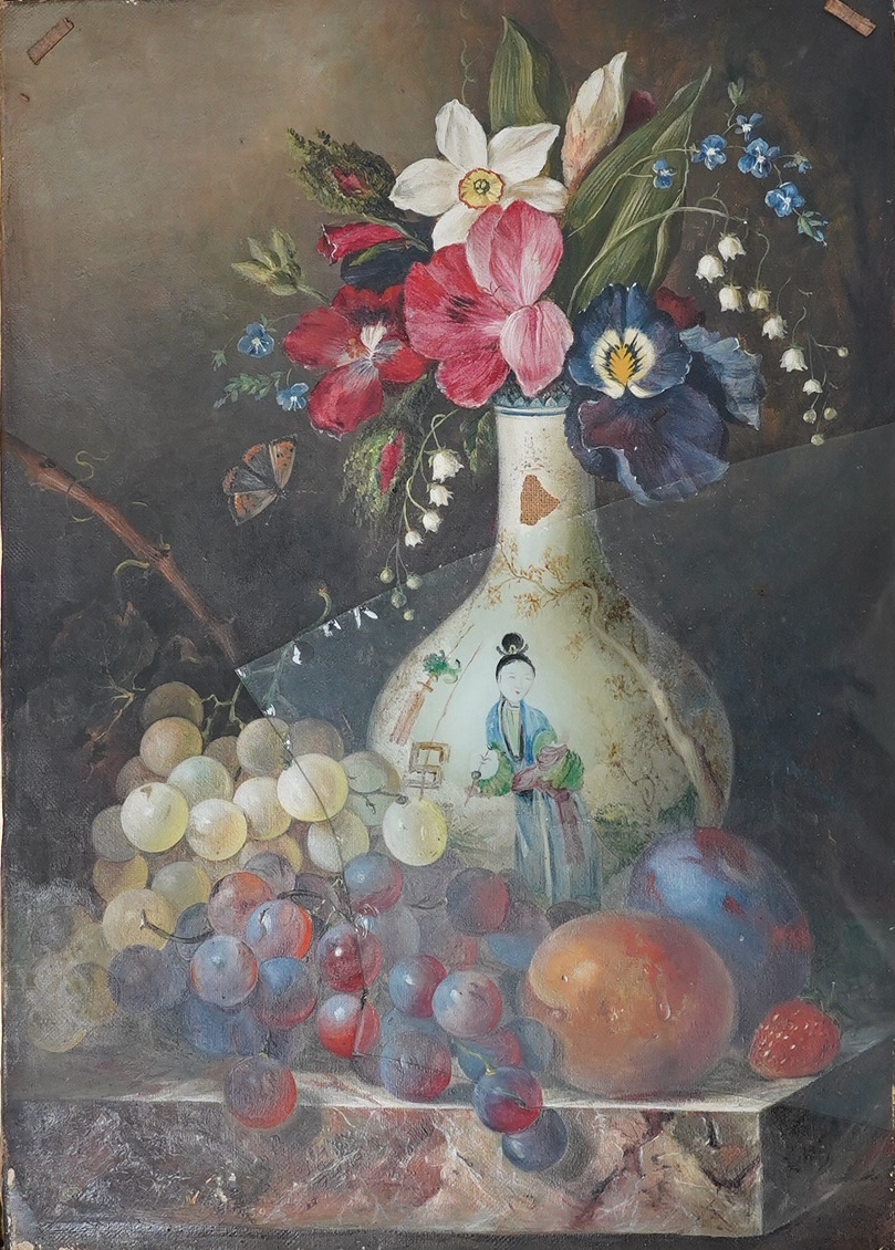 Thomas Whittle (fl.1854-1879), oil on canvas, Still life of flowers and a Chinese vase, signed and dated 1859, with Bonham's catalogue and receipt, 34 x 24cm, ornate gilt framed Condition - fair, glass lacking